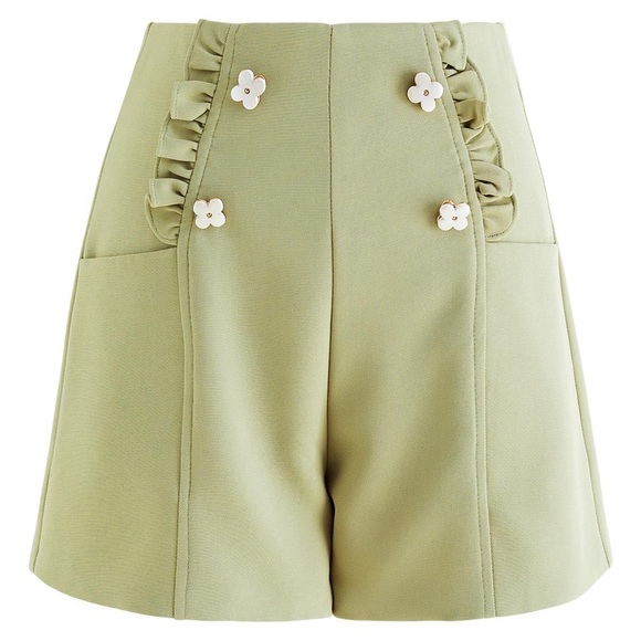 Chicwish Pants - Flower Button Olive Green Shorts